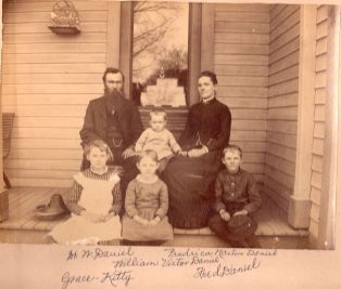 Dr. William Daniel (1852-1931), baby Willie Daniel (1884-1890), Fredrica Martin Daniel (1855-1940), Grace (1877-1957), Kathryn (Kitty) (1879-1966), Fred (1876-1924). Photo taken approx. 1886.
